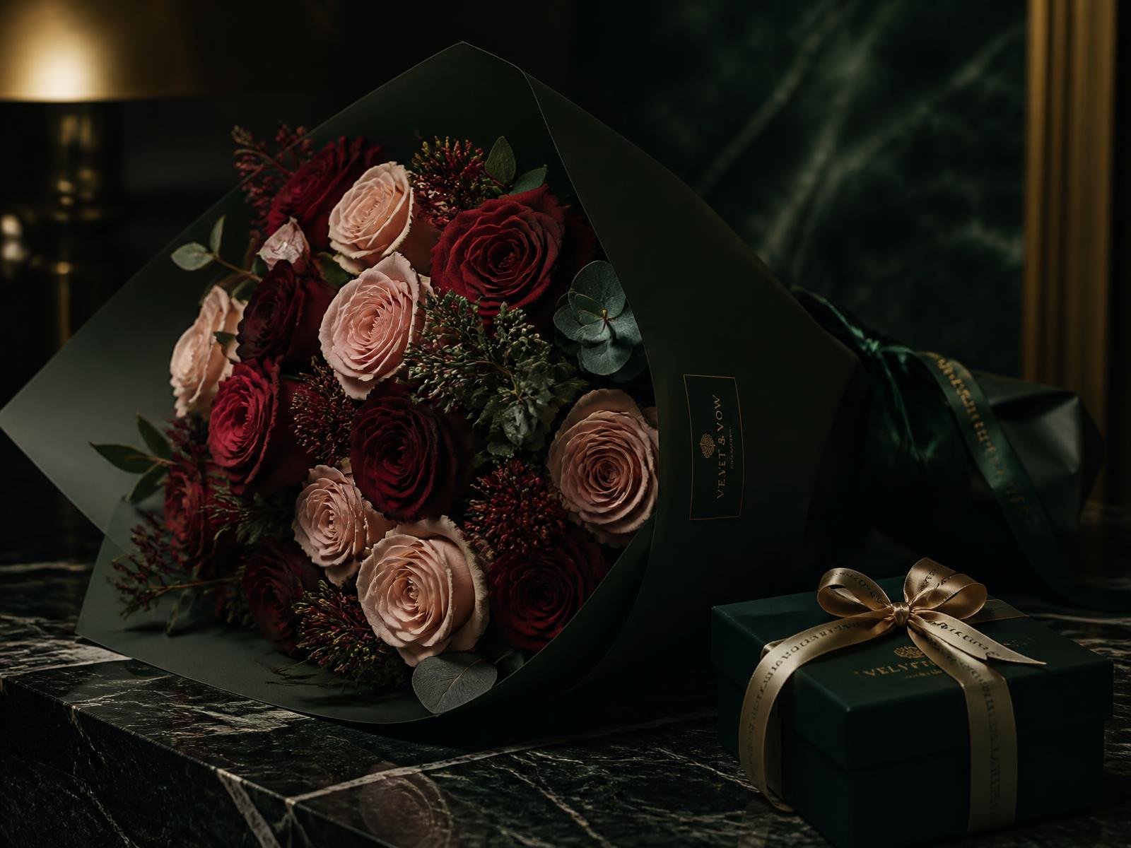 A bouquet of red and blush roses beside a dark green gift box with a gold ribbon